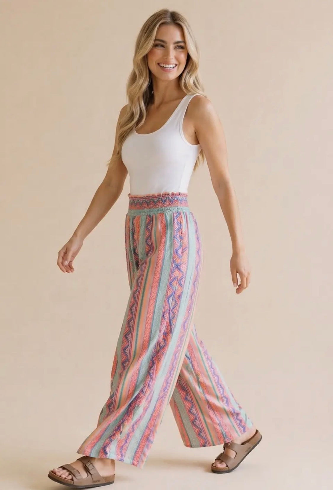 Smocked Waist Wide Leg Patchwork Print Pants | Boho Woven Pants with Pockets