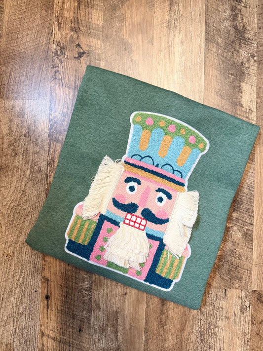 Whimsical Nutcracker Chenille Sweatshirt – Green Holiday Pullover