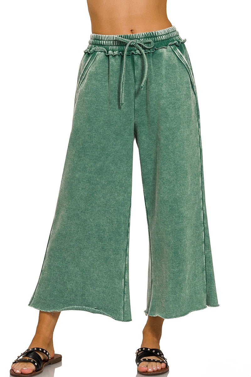 Acid Wash Fleece Palazzo Pants with Pockets | Cozy Wide Leg Lounge Bottoms - Two Colors