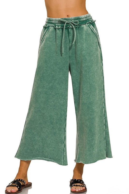Acid Wash Fleece Palazzo Pants with Pockets | Cozy Wide Leg Lounge Bottoms - Two Colors