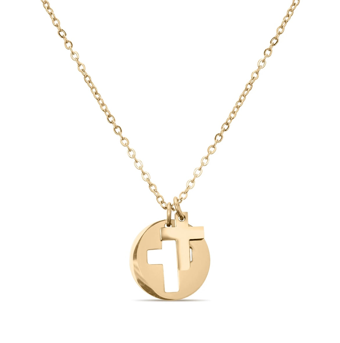 Stainless Steel PVD Coated Cross Cutout Necklace with 2" Extension - Gold