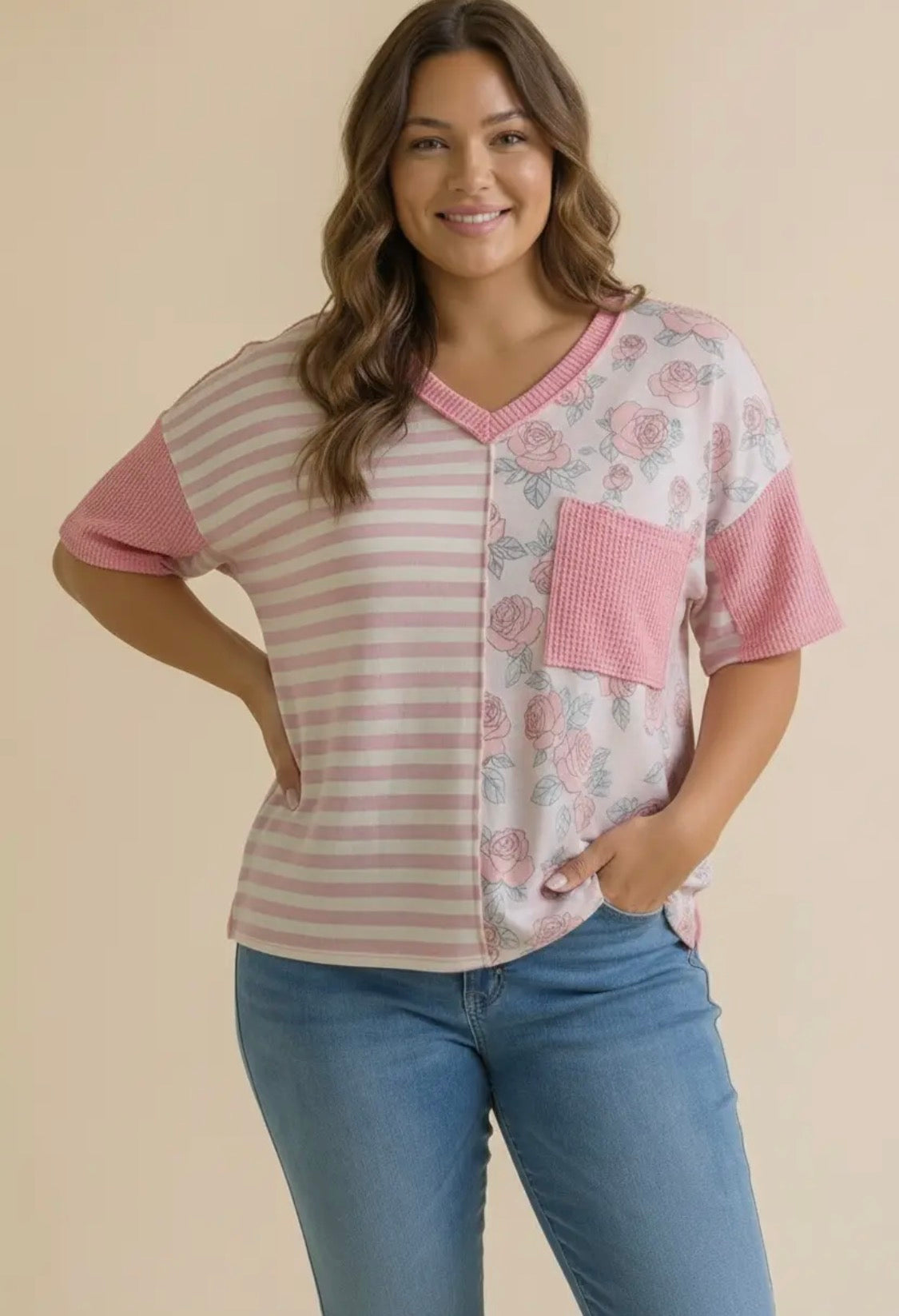 Floral Print French Terry Color Block Top | V-Neck Short Sleeve Knit Shirt