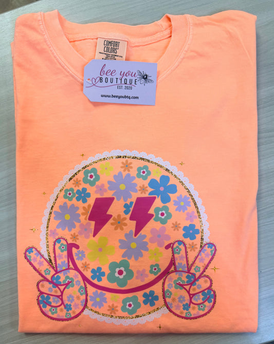 Comfort Colors Neon Smiley Face Tee – Floral Peace Sign Lightning Eyes Graphic T-Shirt