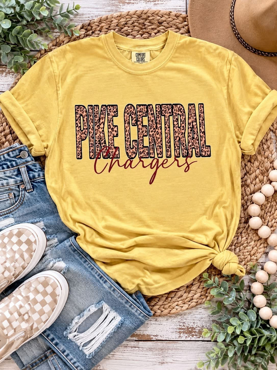 Pike Central Chargers Leopard Script Comfort Colors T-Shirt | Mustard