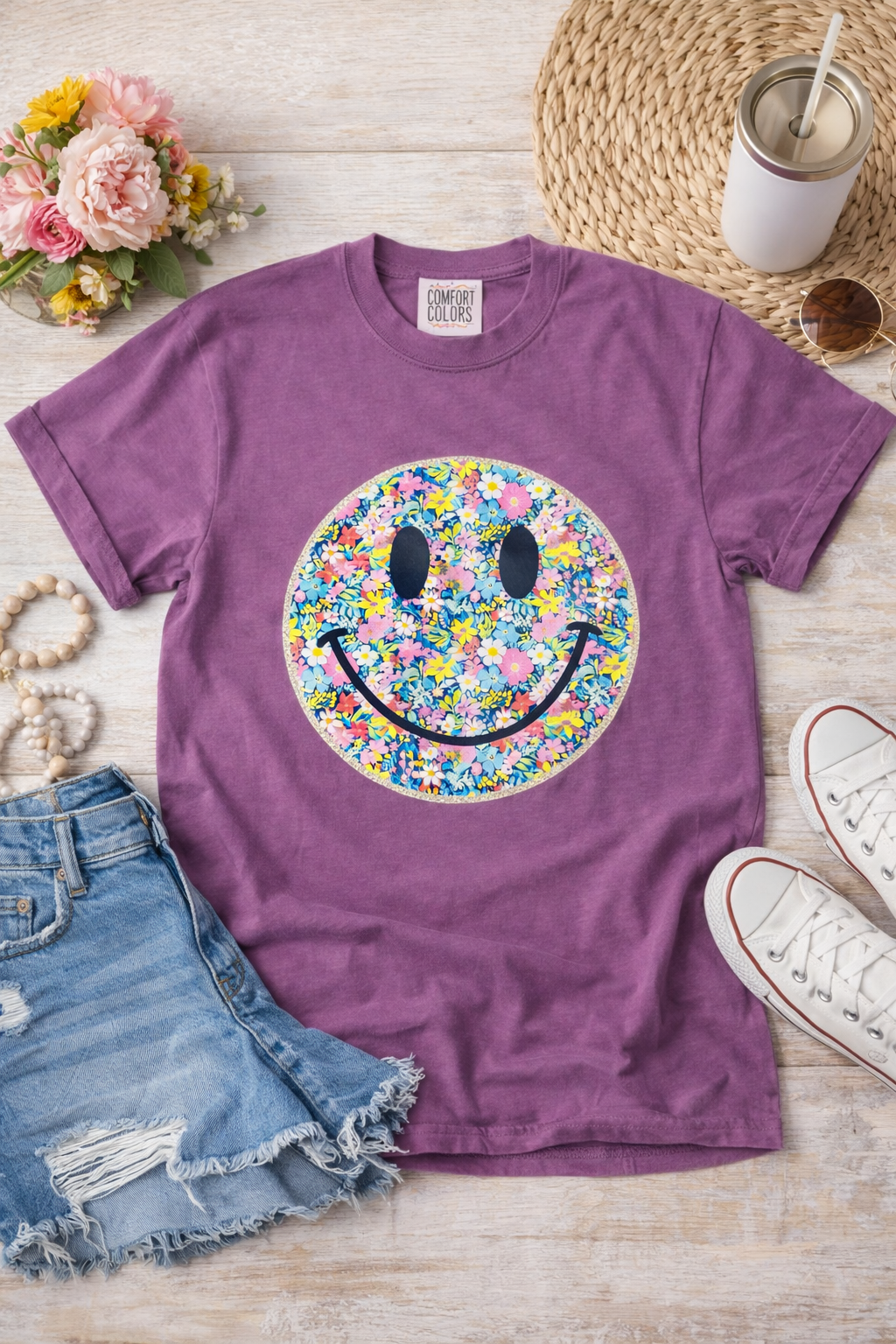 Smiley Face Floral Graphic Comfort Colors T Shirt in Berry