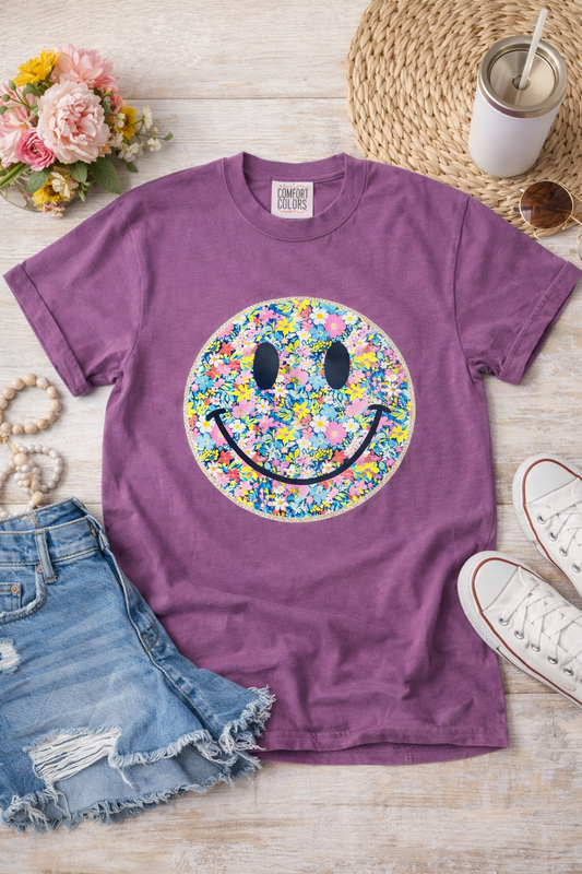 Smiley Face Floral Graphic Comfort Colors T Shirt in Berry
