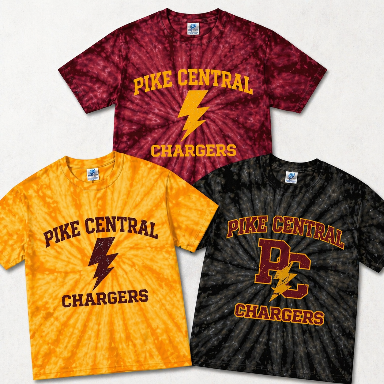 Pike Central Chargers Tie Dye T-Shirt – PC Chargers Graphic Tee – Burgundy, Black & Gold Spirit Shirt