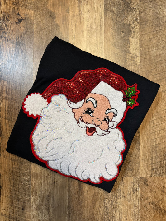 Vintage Santa Sequin Chenille Sweatshirt – Black Christmas Pullover