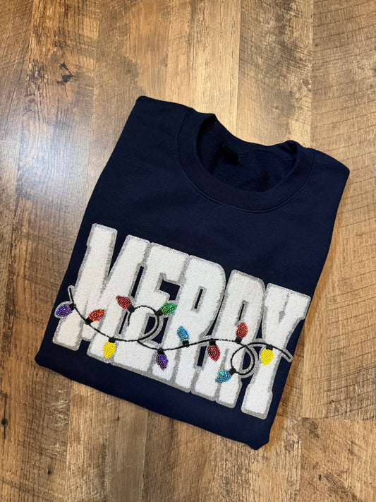 Merry Lights Chenille Sweatshirt – Navy Christmas Pullover