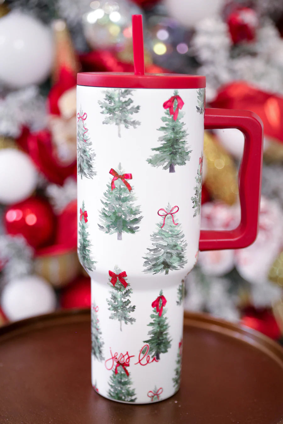 White Christmas Tree Tumbler with Bows – Holiday Insulated Cup