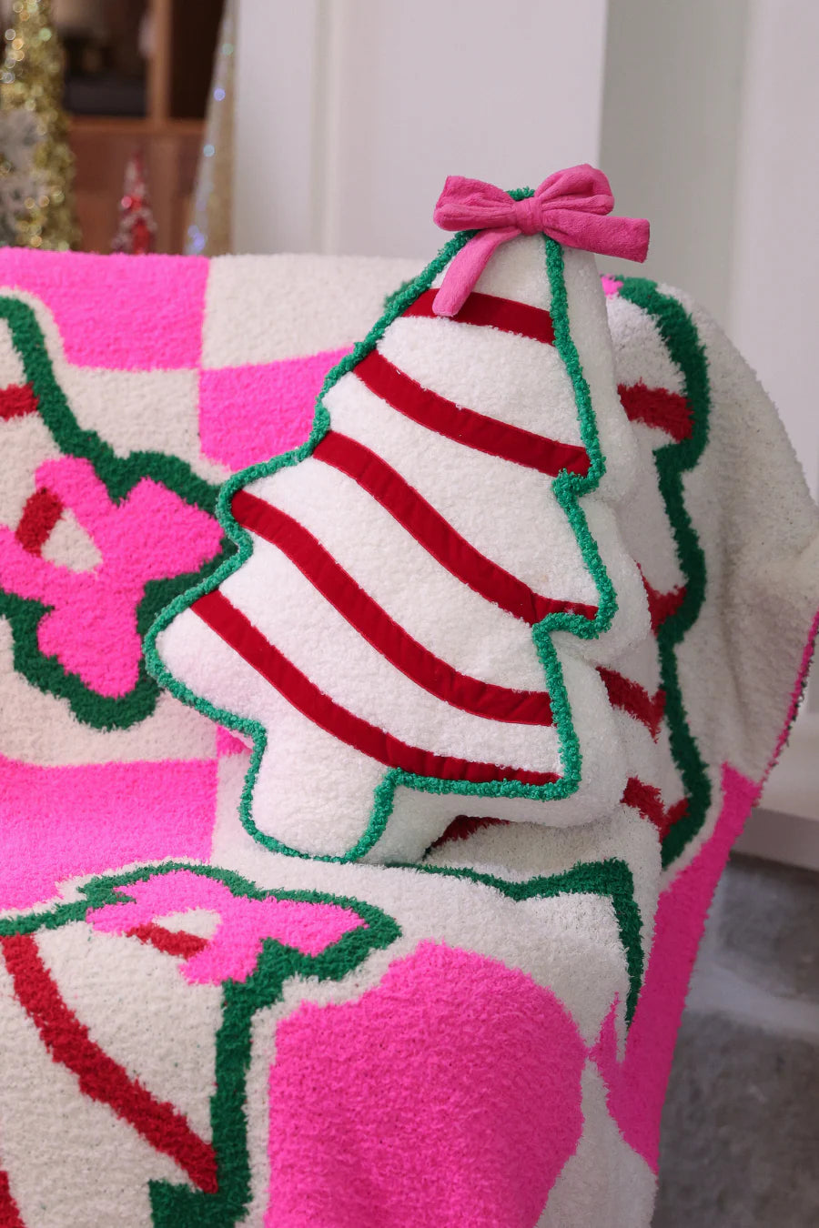 Candy Cane Bow Christmas Pillow