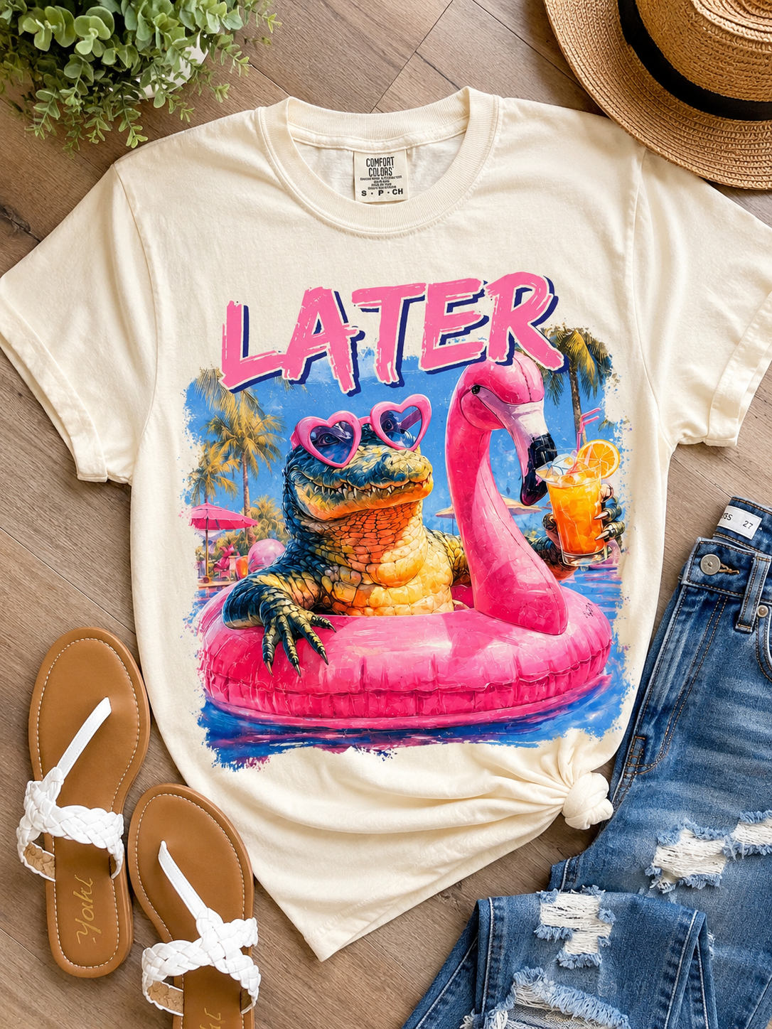 Comfort Colors Alligator Float Tee – Tropical Flamingo Graphic T-Shirt