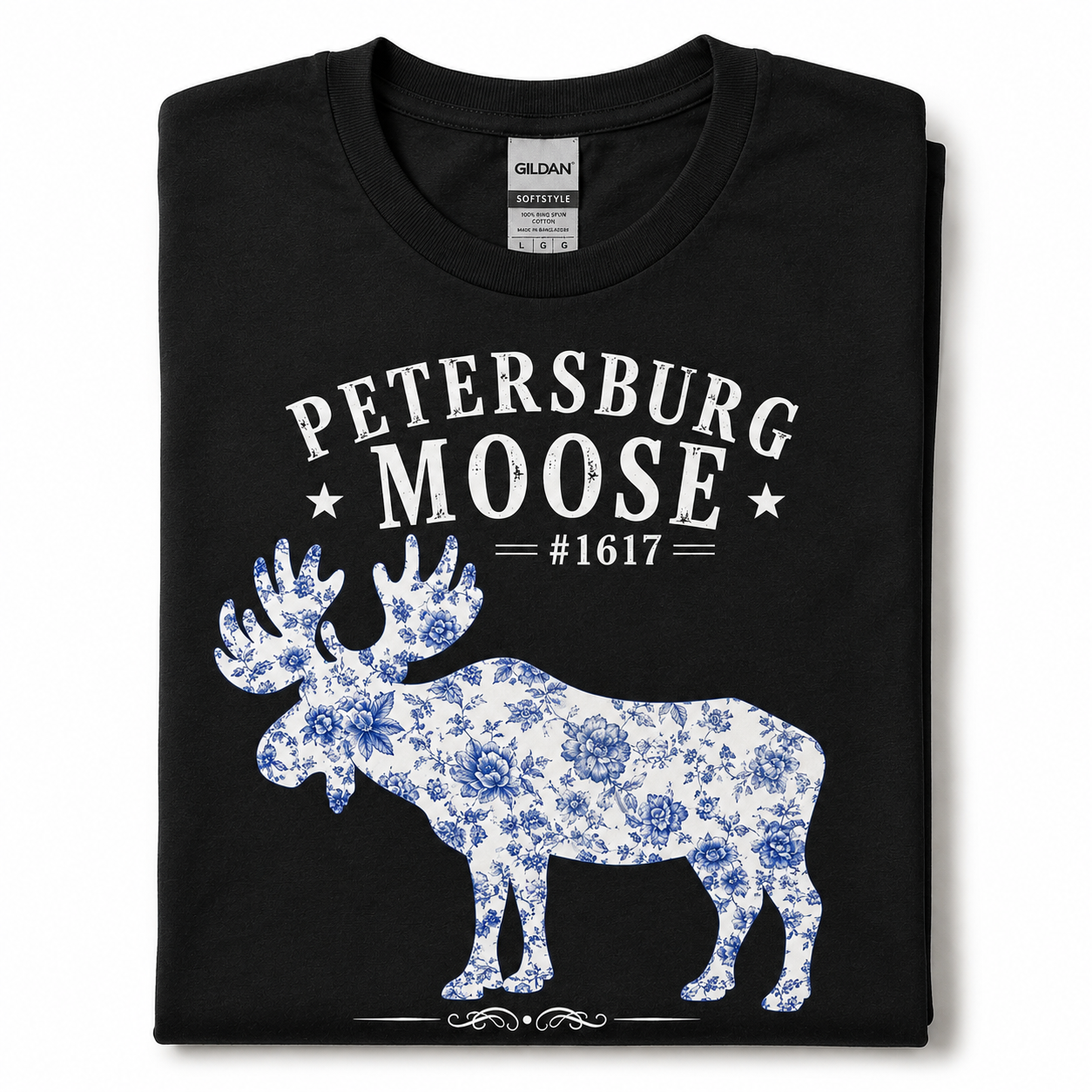 Petersburg Moose Blue Hues Floral Graphic T-Shirt | Gildan Softstyle Moose Tee