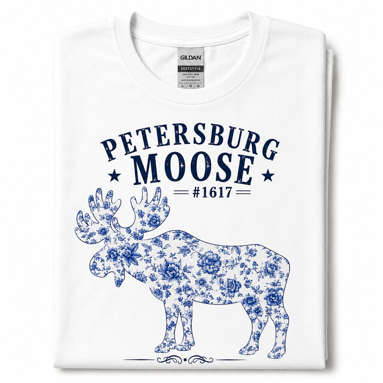 Petersburg Moose Blue Hues Floral Graphic T-Shirt | Gildan Softstyle Moose Tee