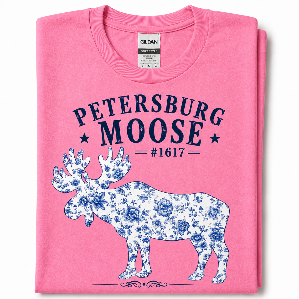 Petersburg Moose Blue Hues Floral Graphic T-Shirt | Gildan Softstyle Moose Tee