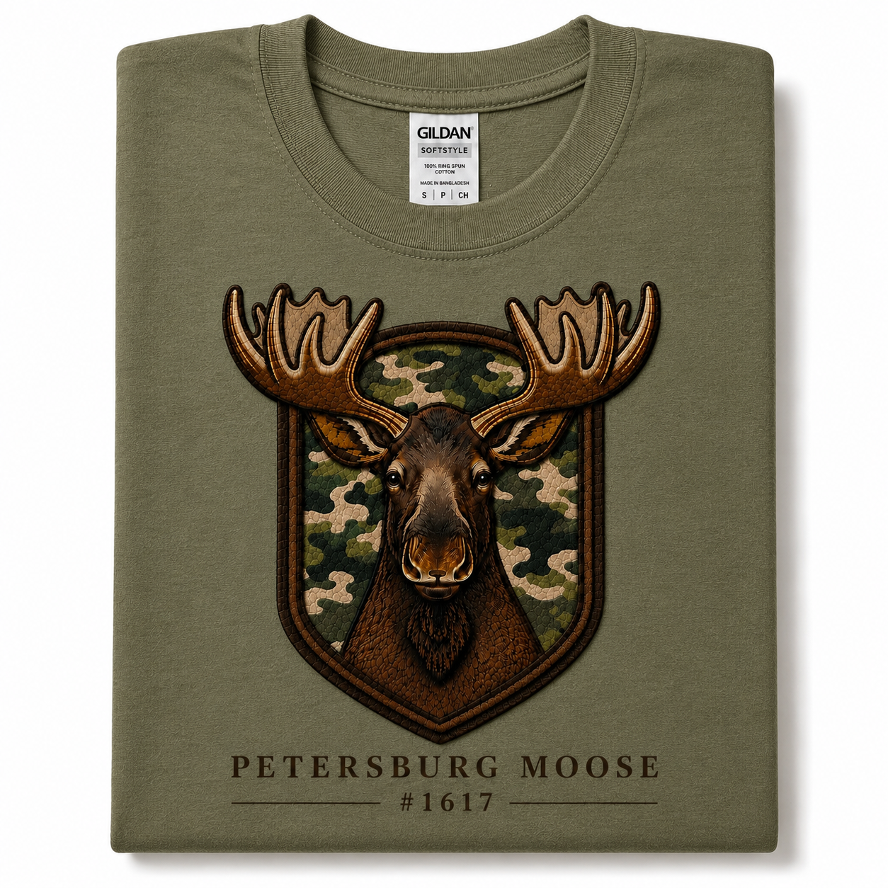 Petersburg Moose #1617 Camo Crest Graphic T-Shirt | Moose Patch Style Tee