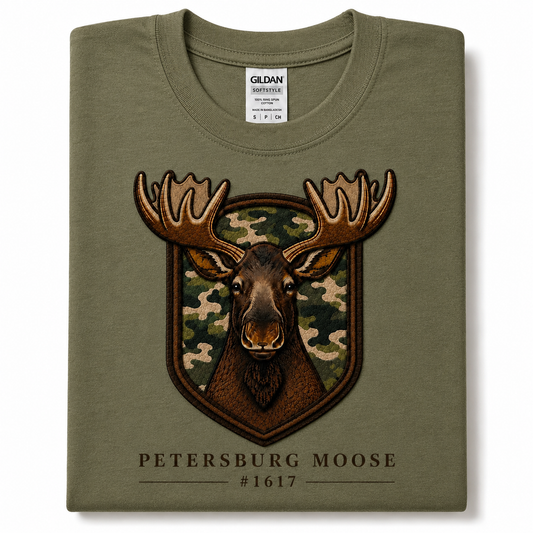 Petersburg Moose #1617 Camo Crest Graphic T-Shirt | Moose Patch Style Tee