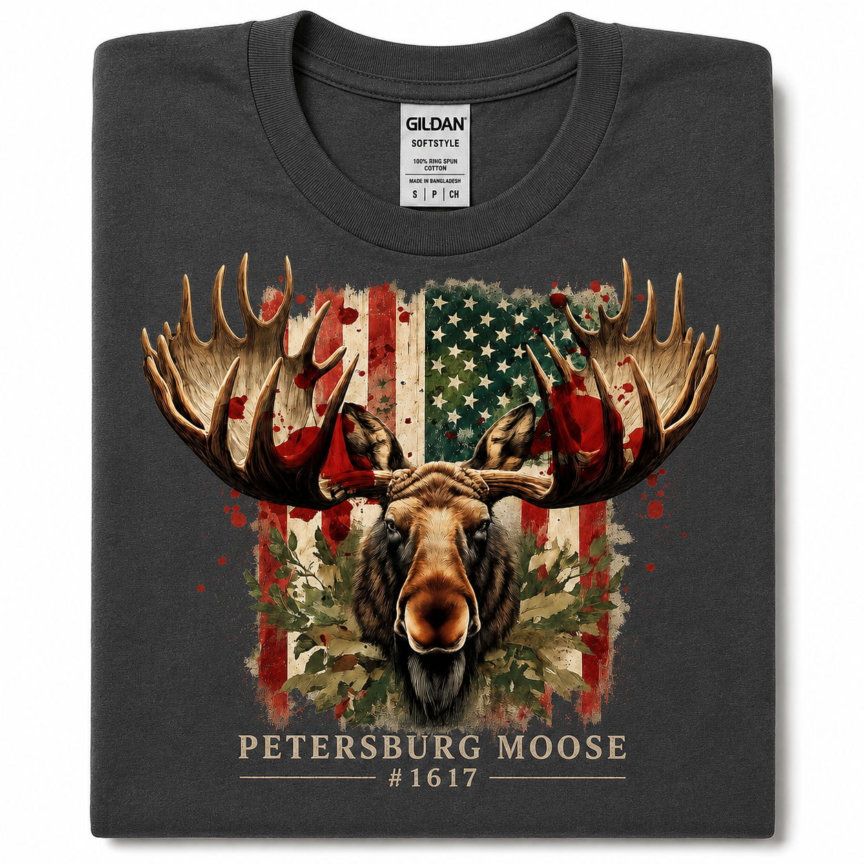 Petersburg Moose #1617 Patriotic Graphic T-Shirt | Distressed American Flag Moose Tee