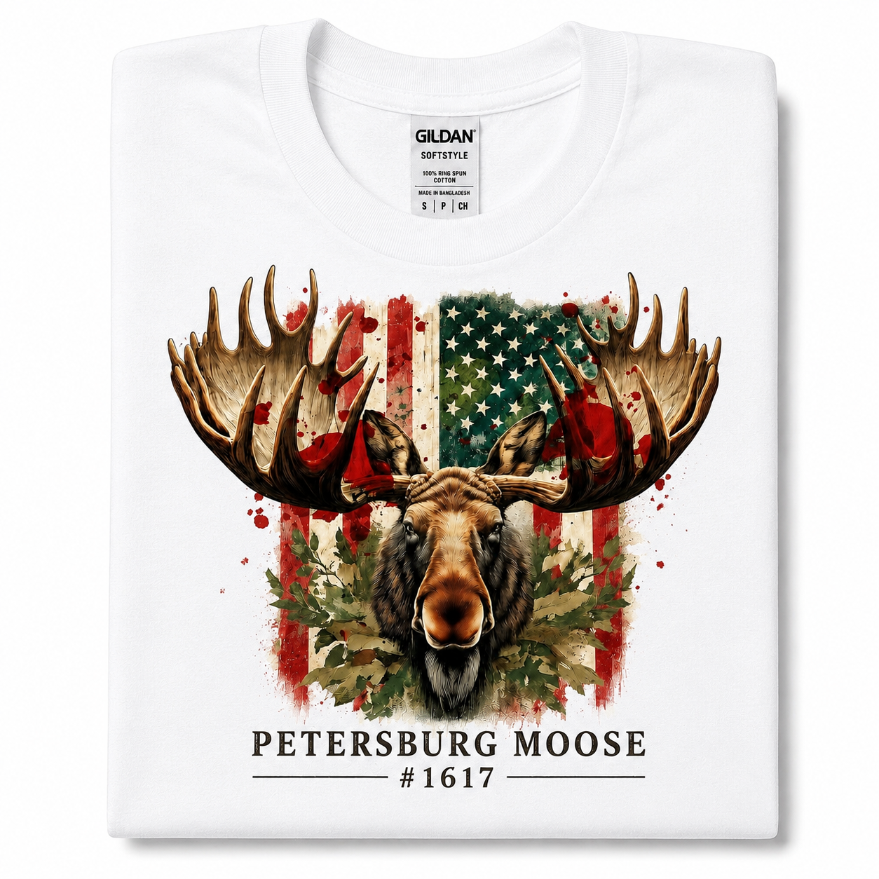 Petersburg Moose #1617 Patriotic Graphic T-Shirt | Distressed American Flag Moose Tee