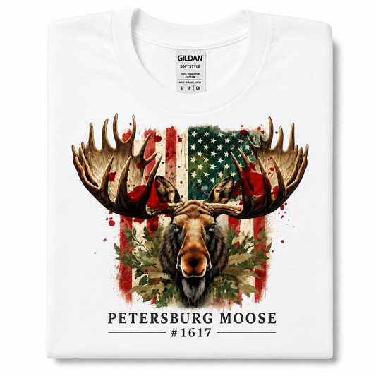 Petersburg Moose #1617 Patriotic Graphic T-Shirt | Distressed American Flag Moose Tee