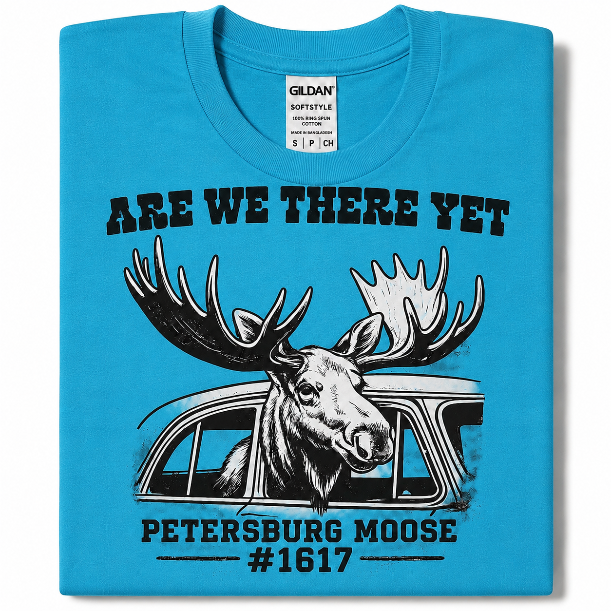 Petersburg Moose #1617 “Are We There Yet?” Graphic T-Shirt | Moose Car Window Tee