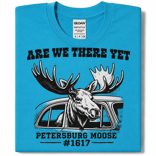 Petersburg Moose #1617 “Are We There Yet?” Graphic T-Shirt | Moose Car Window Tee