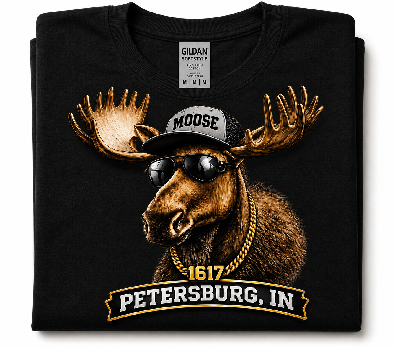 Petersburg Moose 1617 Graphic T-Shirt | Moose Sunglasses & Gold Chain Tee