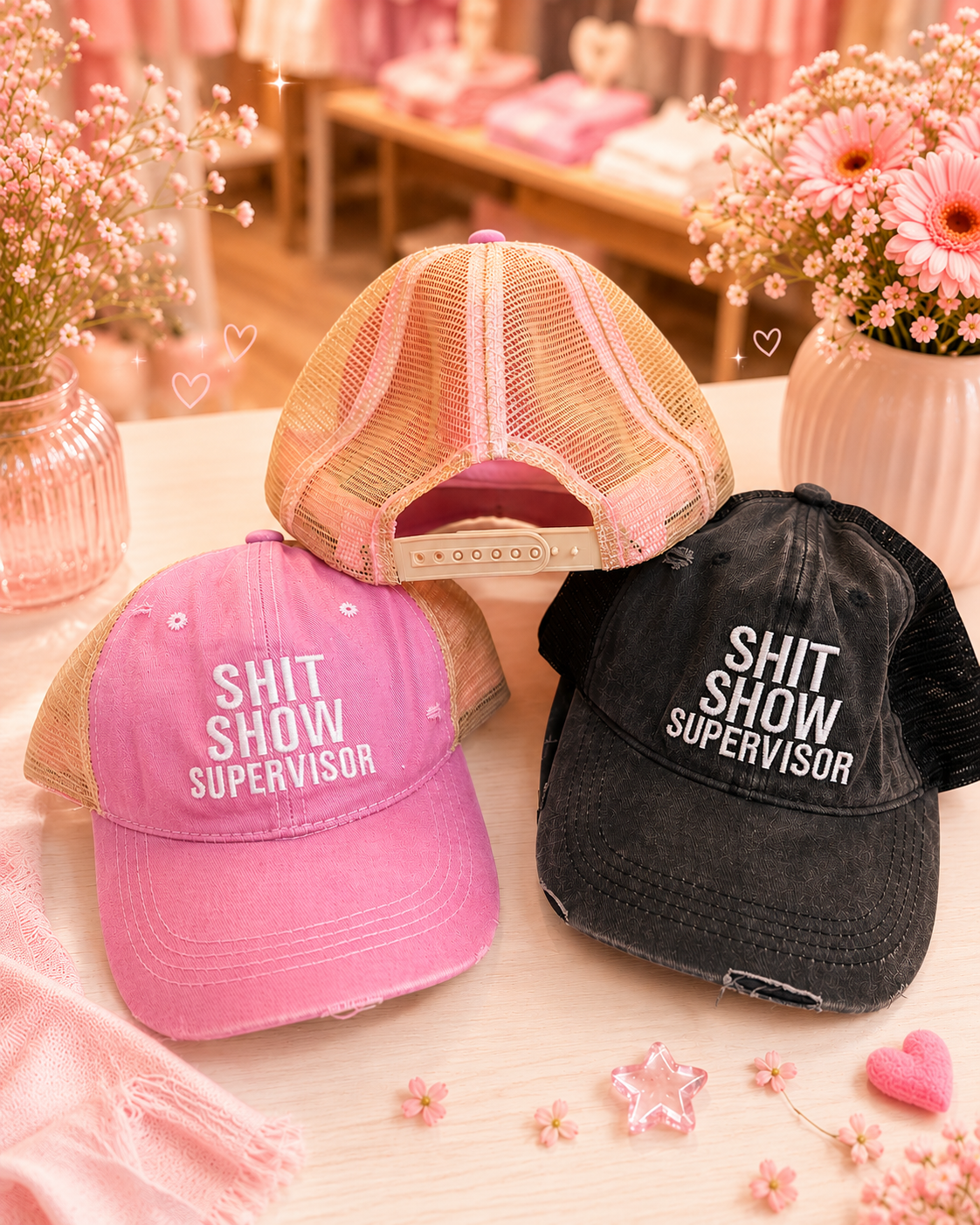 Shit Show Supervisor Distressed Trucker Hat | Embroidered Mesh Back Snapback Cap