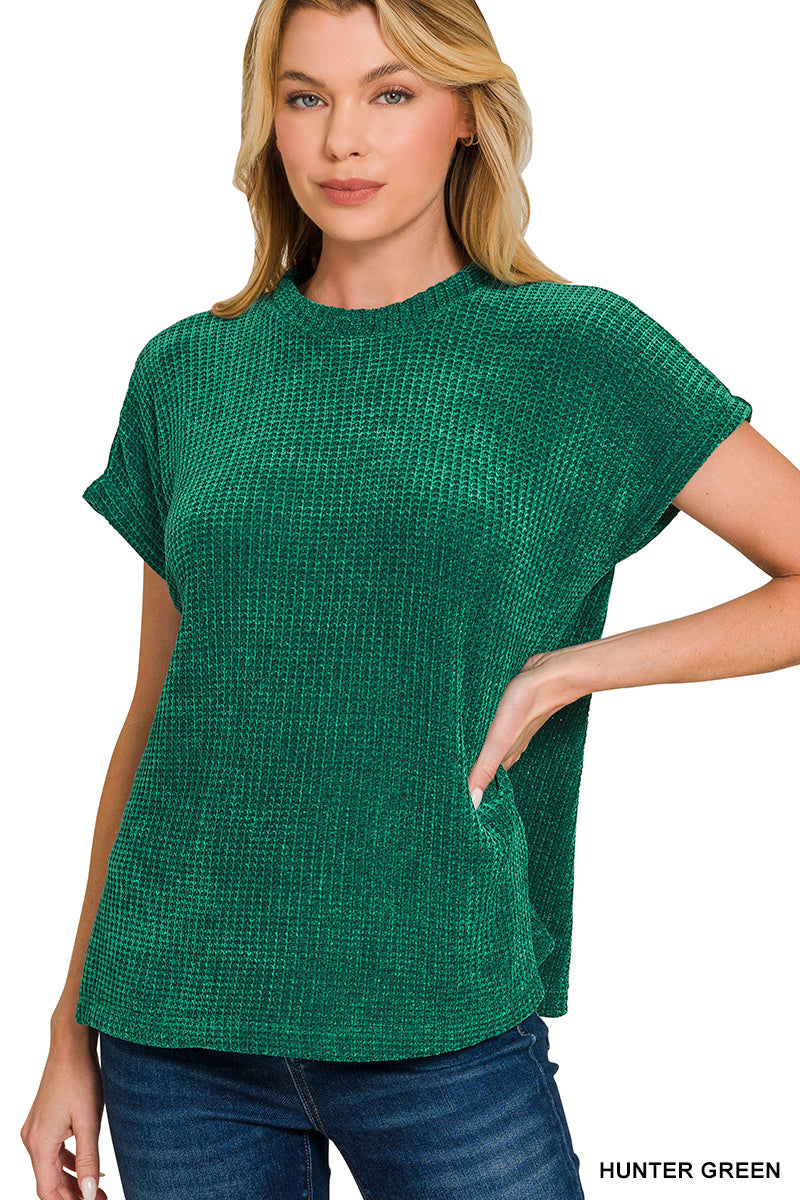 Chenille Waffle Cap Sleeve Sweater – Black & Hunter Green