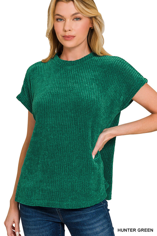 Chenille Waffle Cap Sleeve Sweater – Black & Hunter Green