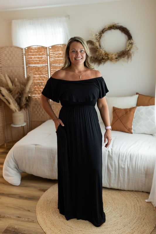 Ruffled Off Shoulder Maxi Dress with Pockets | Flowy Summer Dress