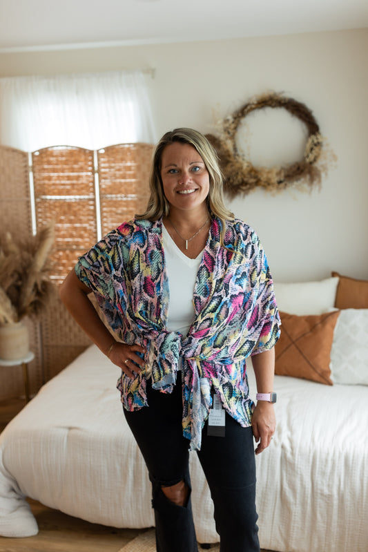 Multi-Color Snake Print Open Cardigan | Three Quarter Sleeve Swim Cover Up