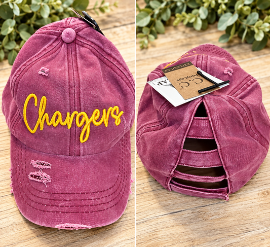 C.C. Chargers Script Distressed Ponytail Hat | Maroon & Gold