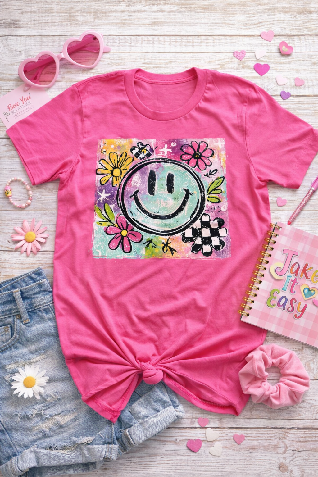 Retro Smiley Face & Flower Graphic T-Shirt – Vintage-Inspired Fun Tee