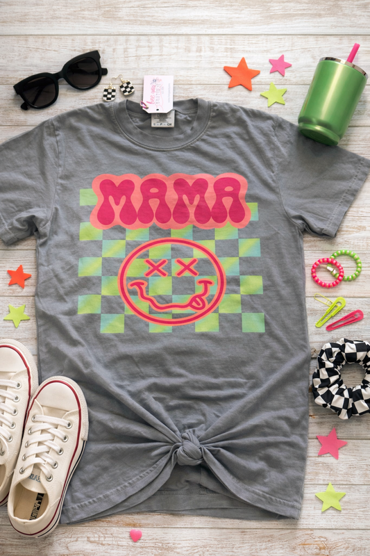 Comfort Colors Neon Checkered “MAMA” T-Shirt – Retro Mom Tee
