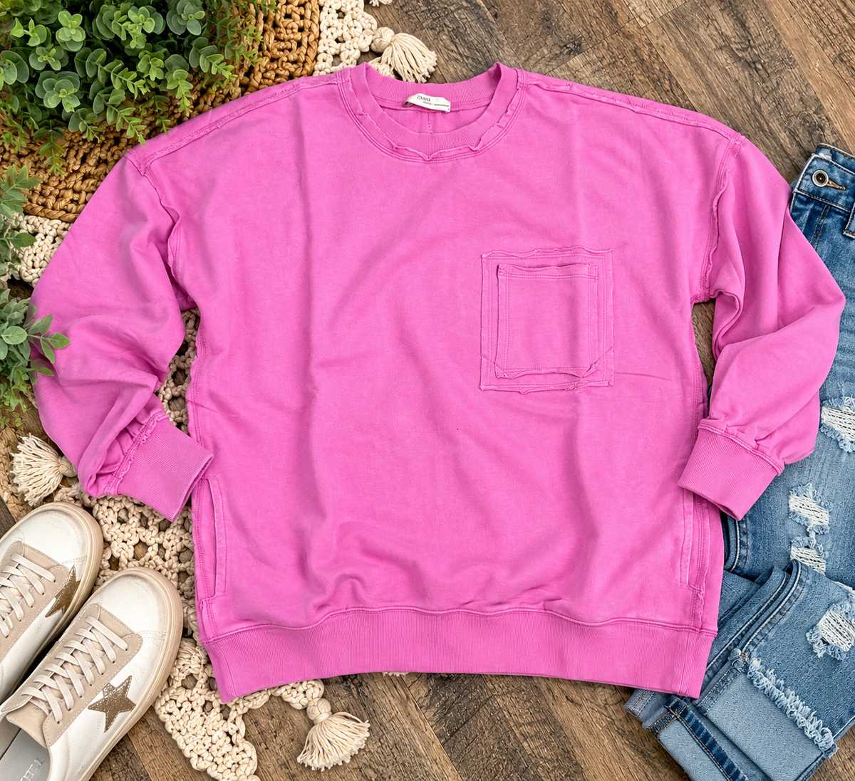 Acid wash comfort pullover sweatshirt with pockets by Zenana