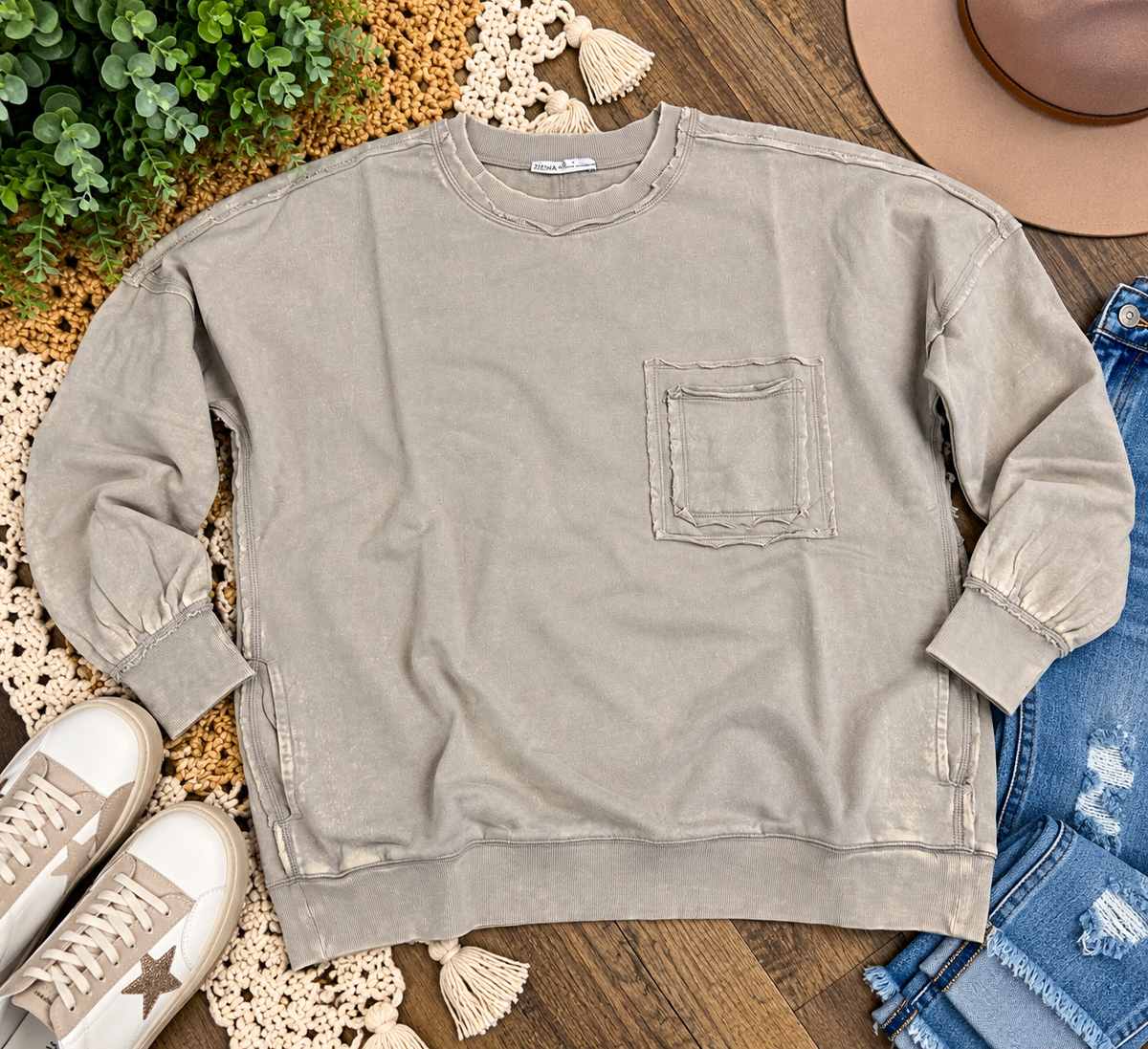 Mineral wash pullover sweatshirt with exposed seams