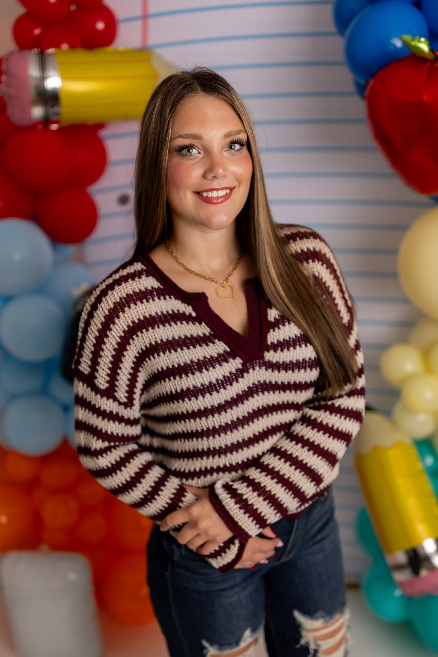 Burgundy Striped Raw Edge Split Neck Knit Sweater | Lightweight Pullover