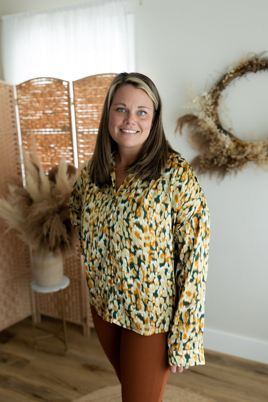 Abstract Print Button Up Blouse