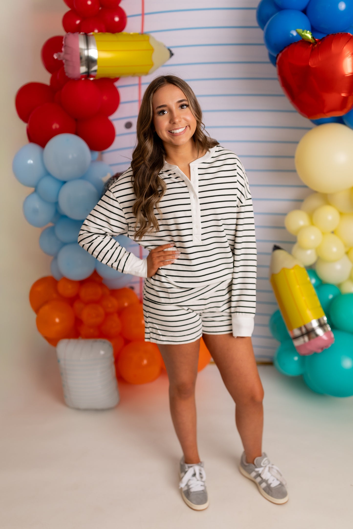 Striped Long Sleeve Top & Shorts Lounge Set | Casual Two-Piece Outfit