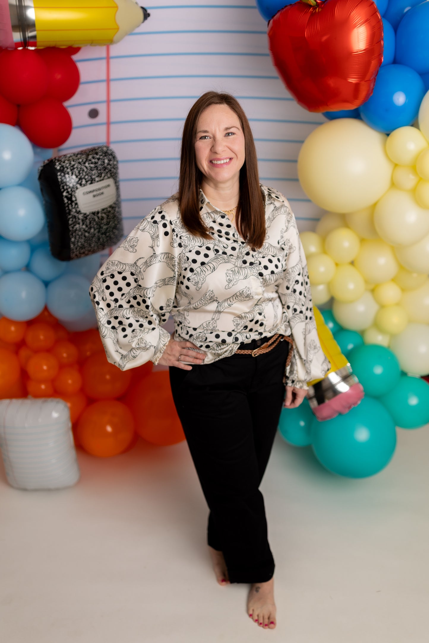 Ivory Tiger & Polka Dot Print Satin Blouse | Women's Long Sleeve Collared Button-Up Top