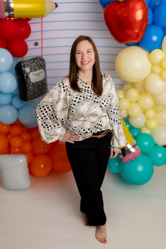 Ivory Tiger & Polka Dot Print Satin Blouse | Women's Long Sleeve Collared Button-Up Top