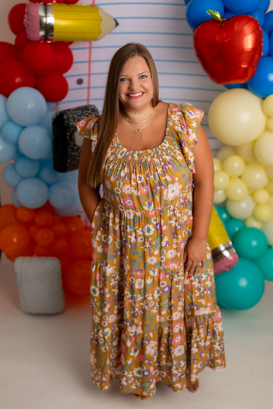 Smocked Square Neck Tiered Midi Dress