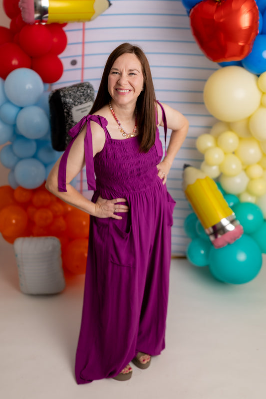 Woven Smocked Wide Leg Jumpsuit with Patch Pockets | Lined One-Piece Outfit