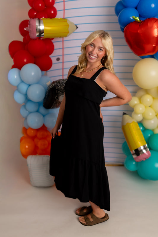 Women's Crinkle Woven Tie Back Maxi Dress | High-Low Ruffle Hem Dress with Pockets