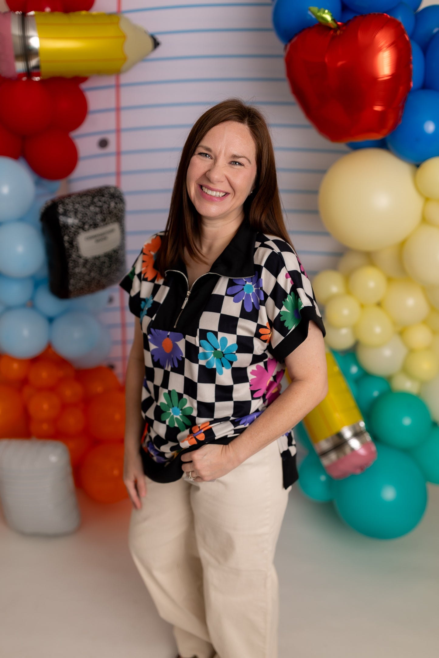 Half Zip Checkered Floral Knit Top | Contrast Trim Collared Short Sleeve Top