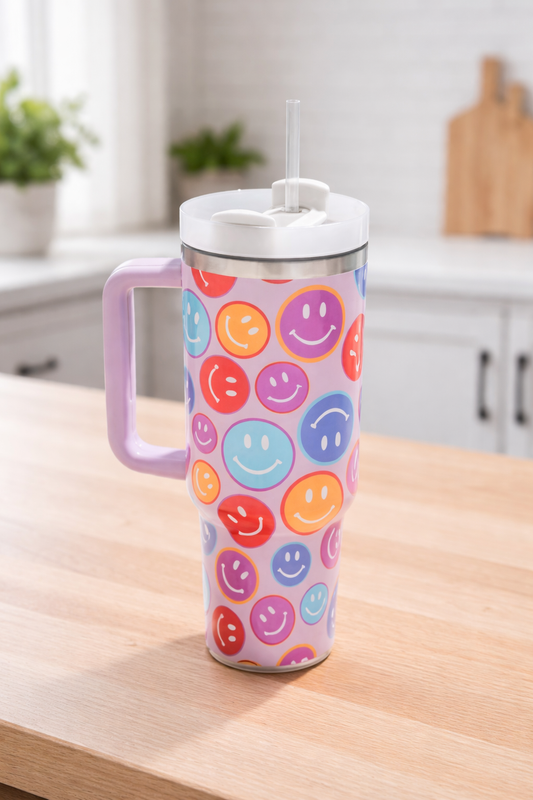 Light Purple Smiley Face 40oz Tumbler with Straw