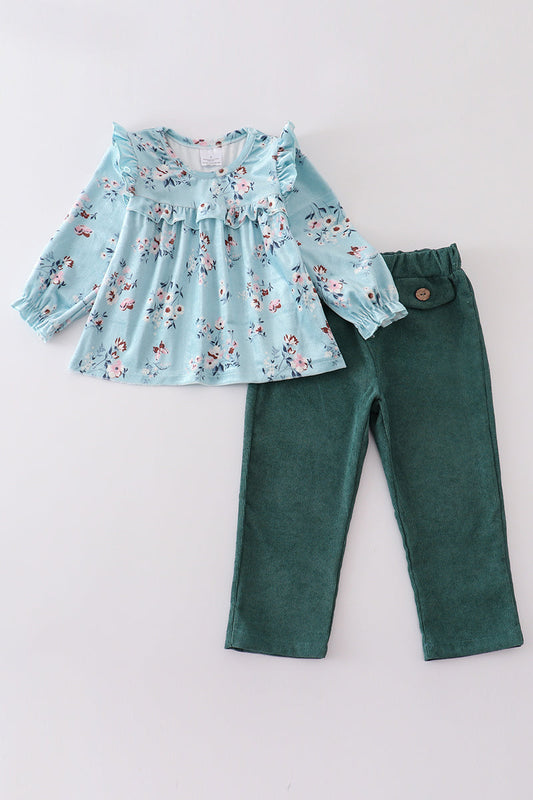 Green Velvet Floral Ruffle Set