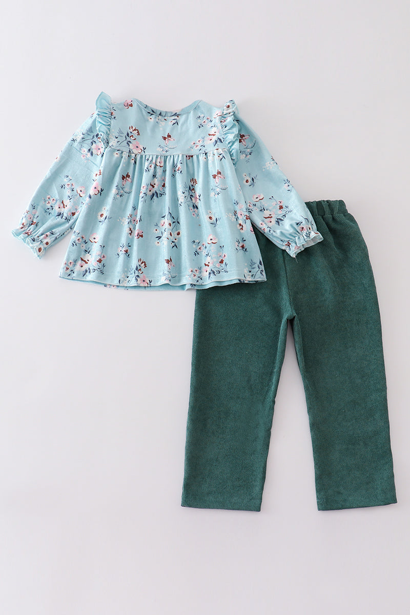 Green Velvet Floral Ruffle Set