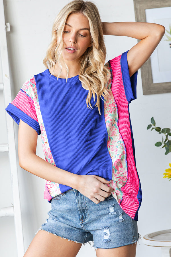 Royal Blue Floral Color Block Ribbed Top | Exposed Seam Short Sleeve Shirt